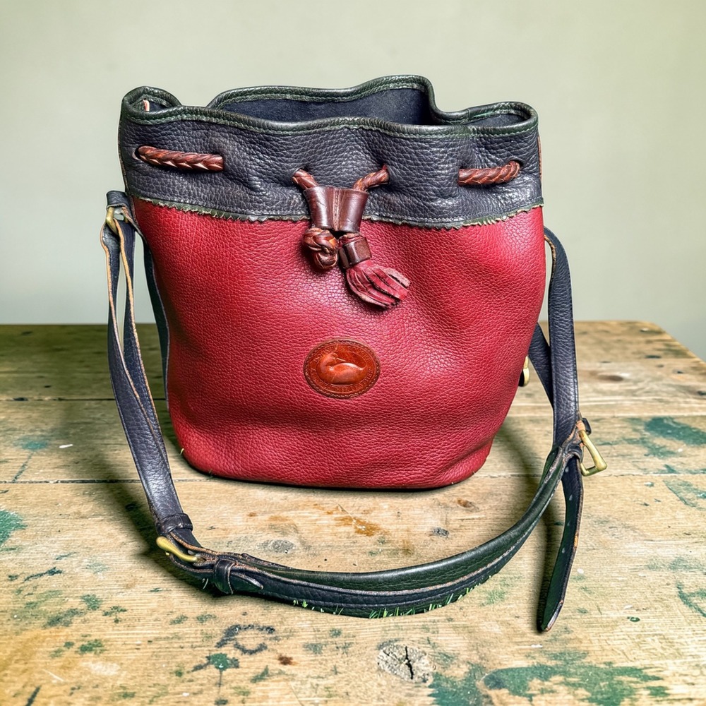 Dooney & Bourke Vintage‎ All Weather Leather Bucket Bag Red Black Green USA Made